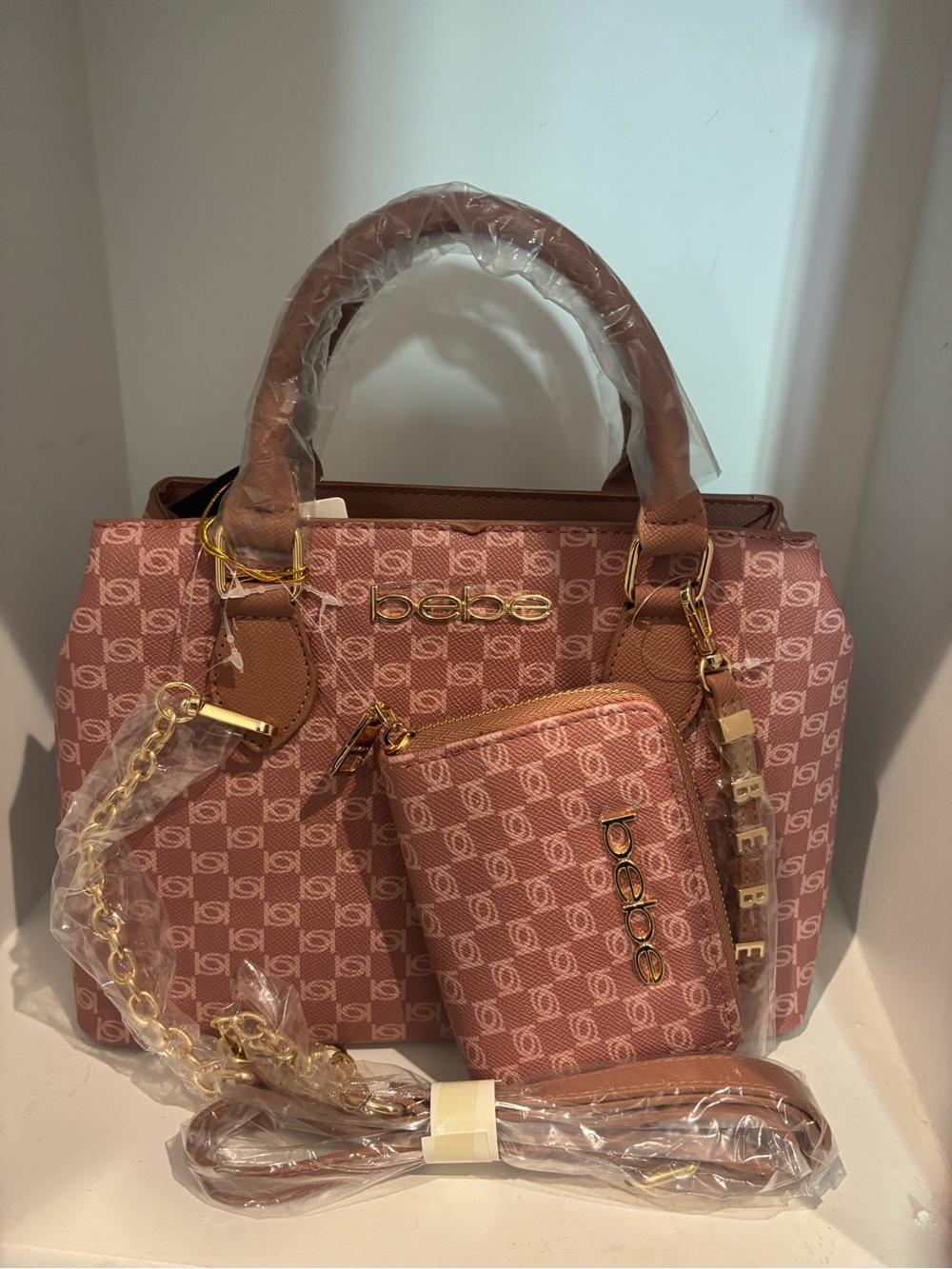 bebe Pink Logo Satchel with Matching Zip Wallet and Gold Accents - Picture 5 of 5
